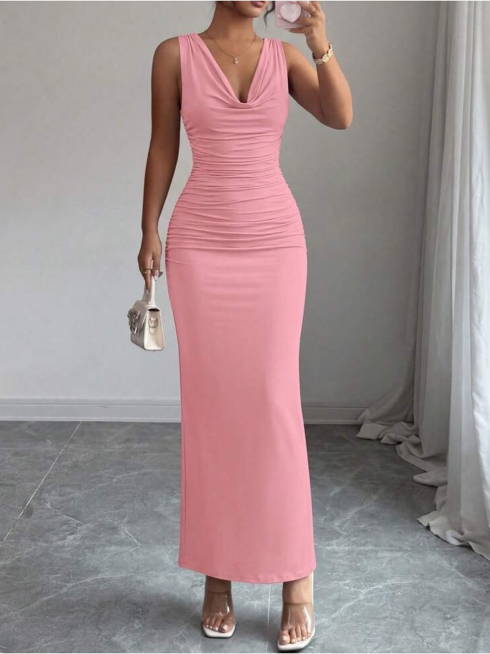 Sleeveless Pink Ruched Cowl Neck Maxi Dress